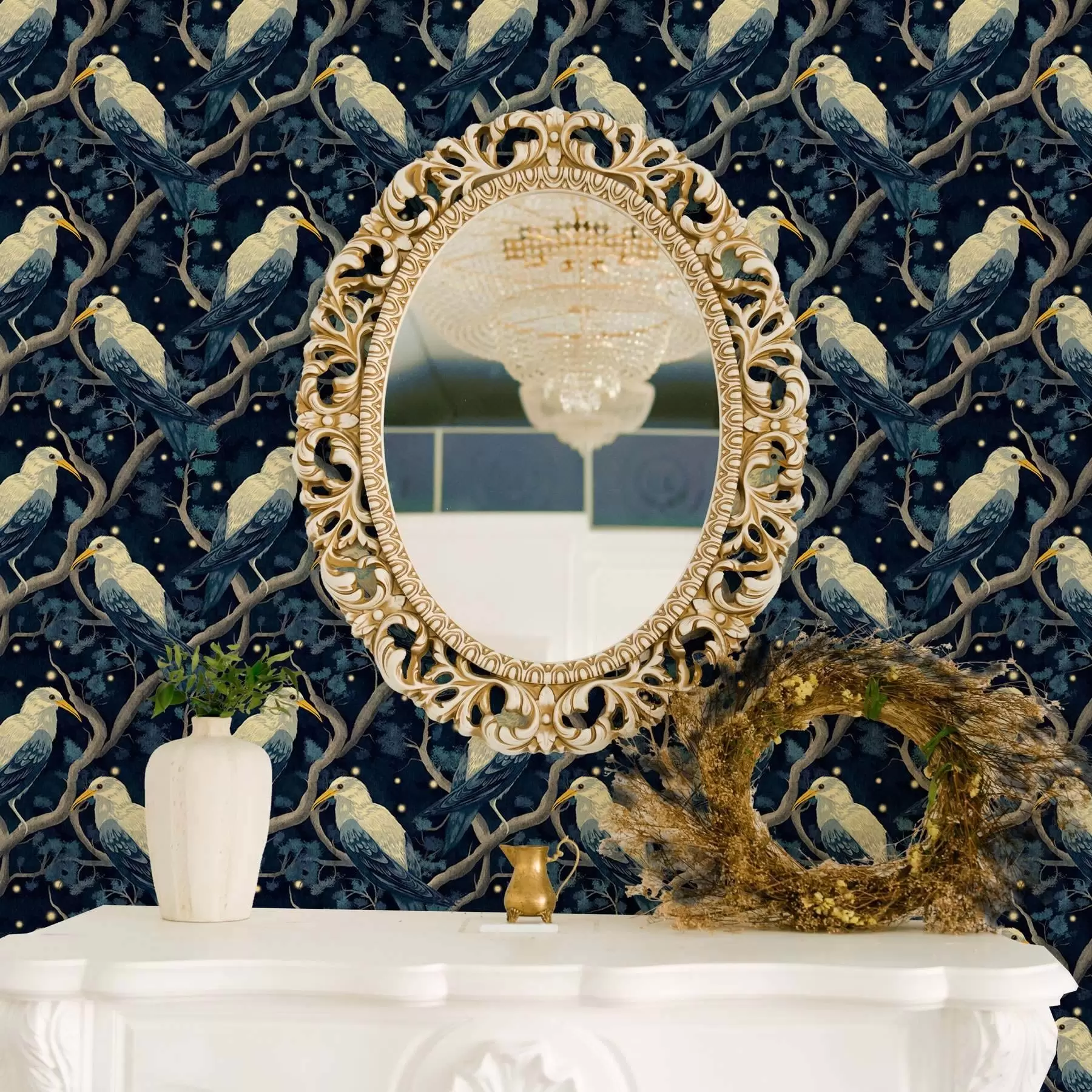 Fototapet Bílí ptáci na větvích mezi zářícími světluškami v nočním lese a00109