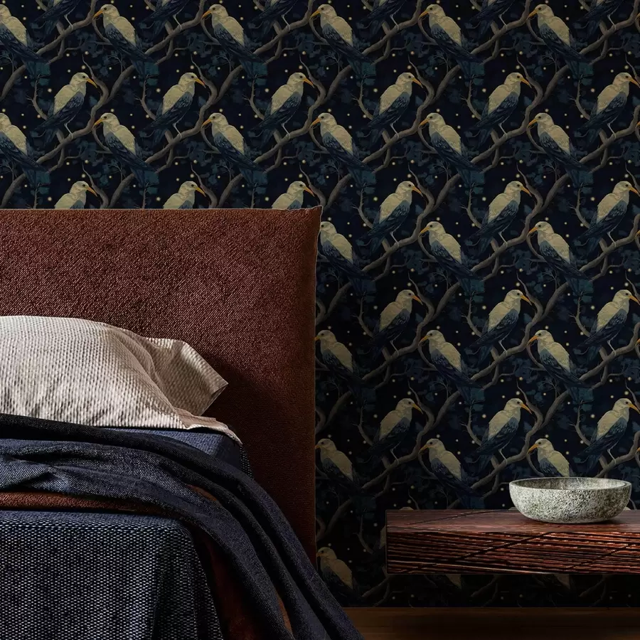 Fototapet Noční ptáci na větvích a hvězdy na tmavě modrém pozadí a00109v1