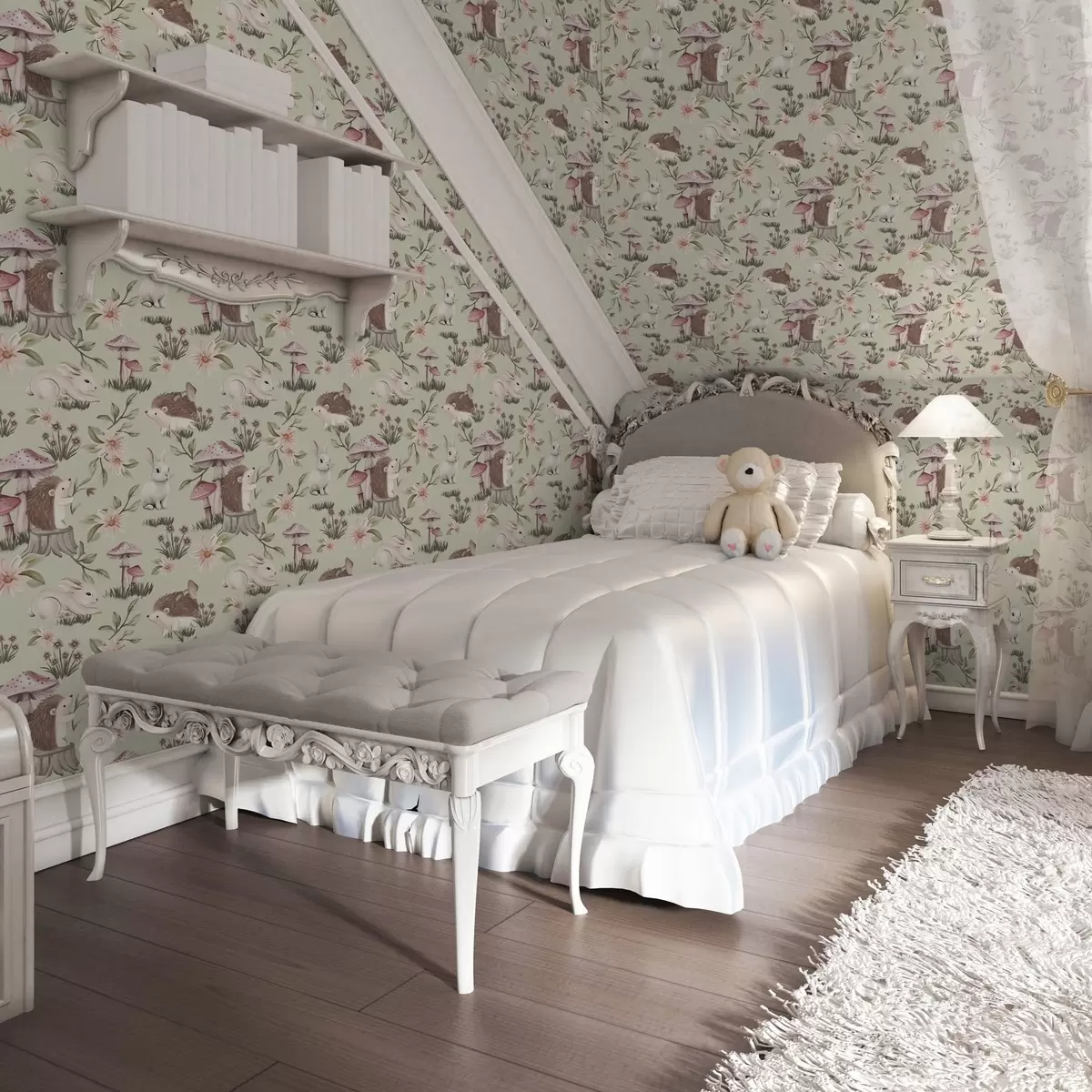 Tapety Pohádková zvířata a květiny na zeleném pozadí v jemných pastelových barvách a00111v1