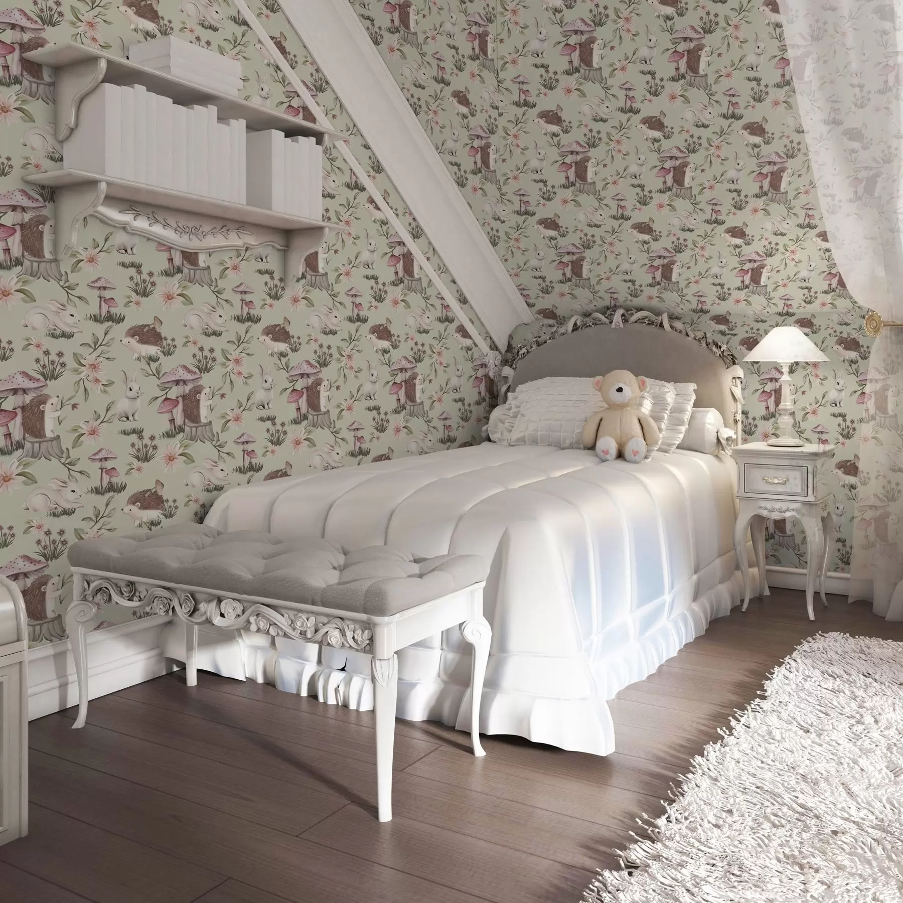 Fototapet Pohádková zvířata a květiny na zeleném pozadí v jemných pastelových barvách a00111v1