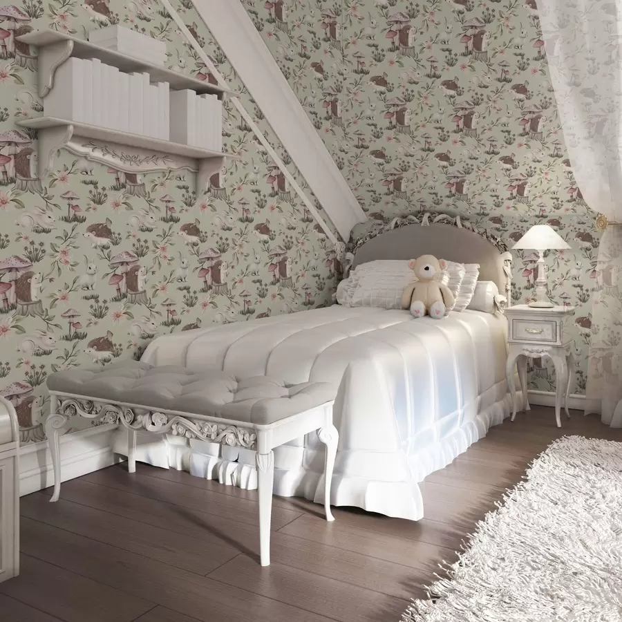 Fototapet Pohádková zvířata a květiny na zeleném pozadí v jemných pastelových barvách a00111v1