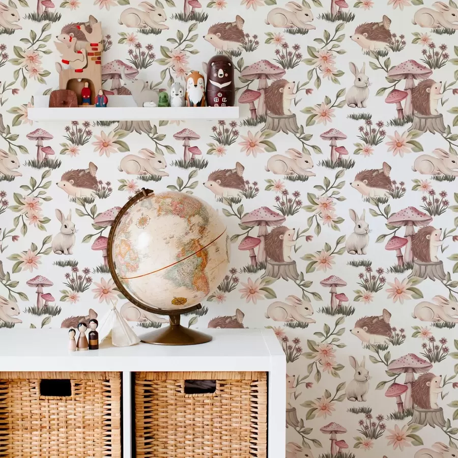 Fototapet Ježci a králíci na bílém pozadí s jemnými květinami a houbami a00111v2