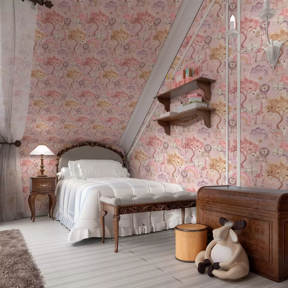 Tapety Lvíčata, žirafy a duhy v pastelovém lese a00112