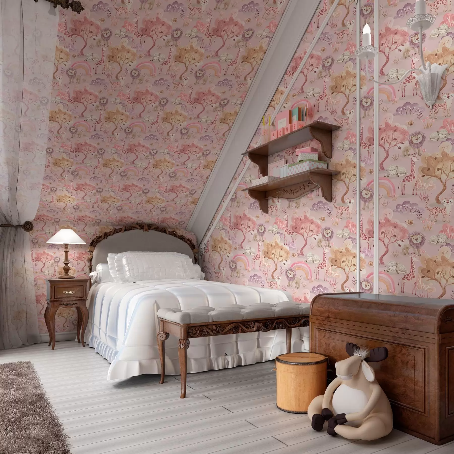 Fototapet Lvíčata, žirafy a duhy v pastelovém lese a00112