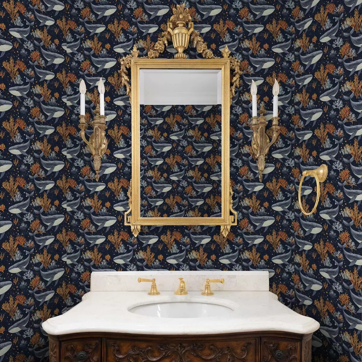 Tapety Mořské velryby a korály na tmavém pozadí a00116