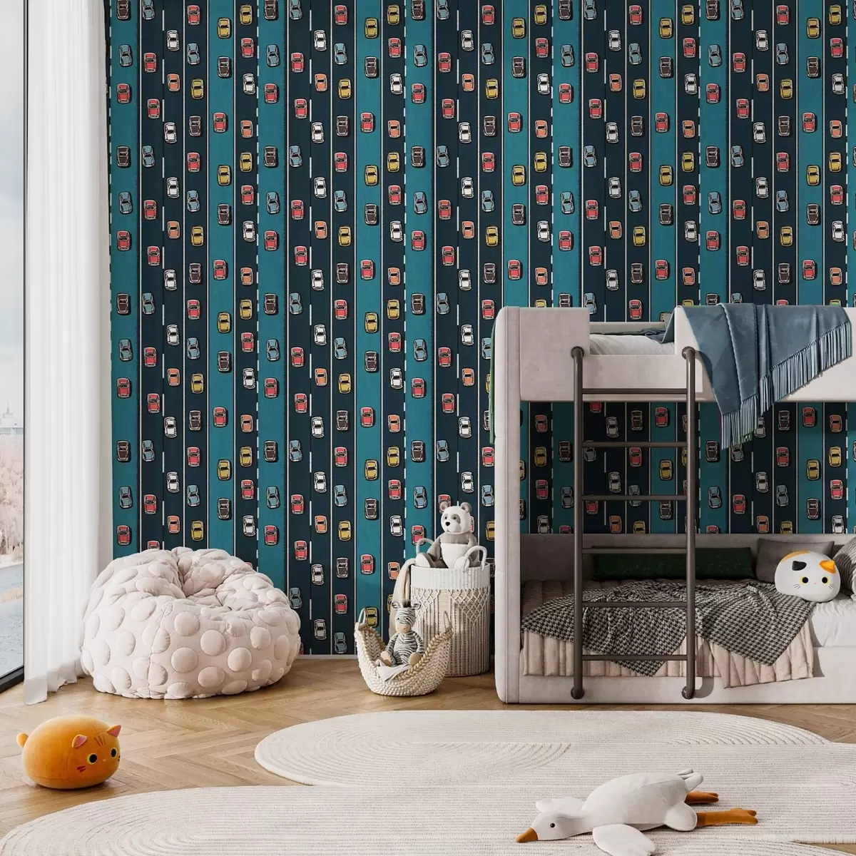 Tapety Retro auto na tmavě modré silnici ve stylu 60. let a00118