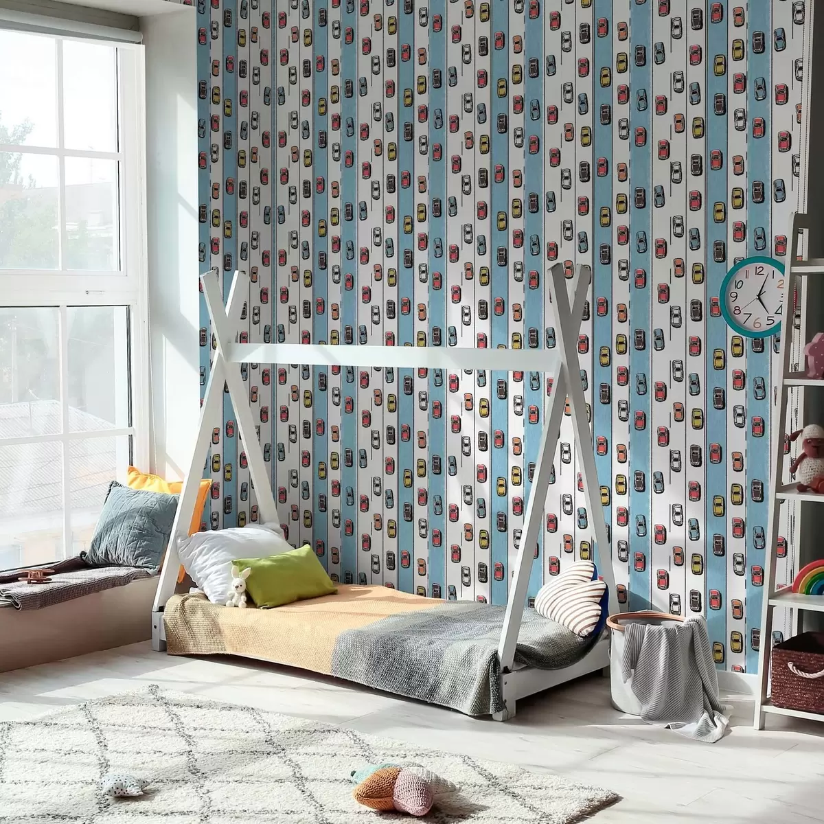 Tapety Retro auto na bílo-modré silnici ve stylu 60. let a00118v2