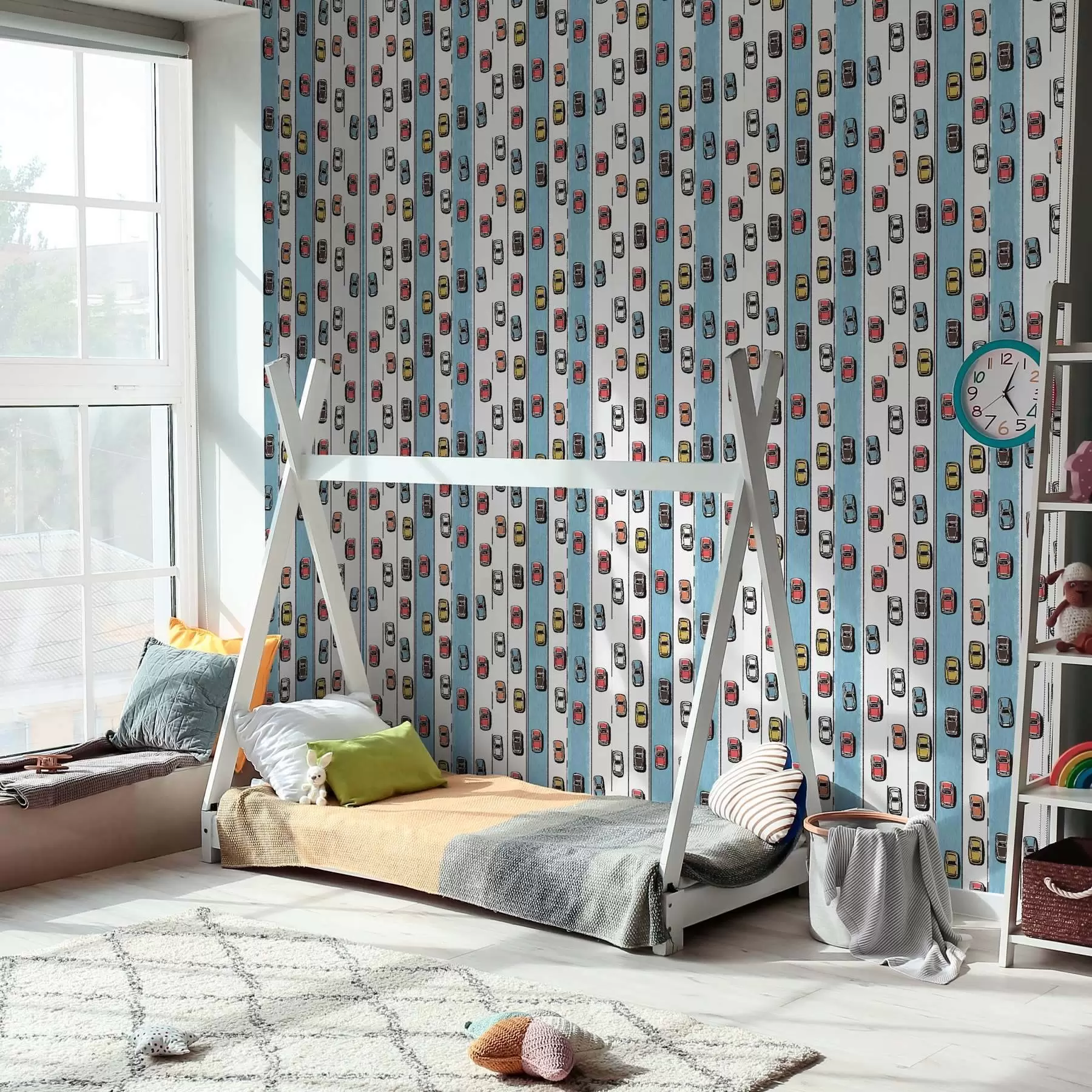 Fototapet Retro auto na bílo-modré silnici ve stylu 60. let a00118v2