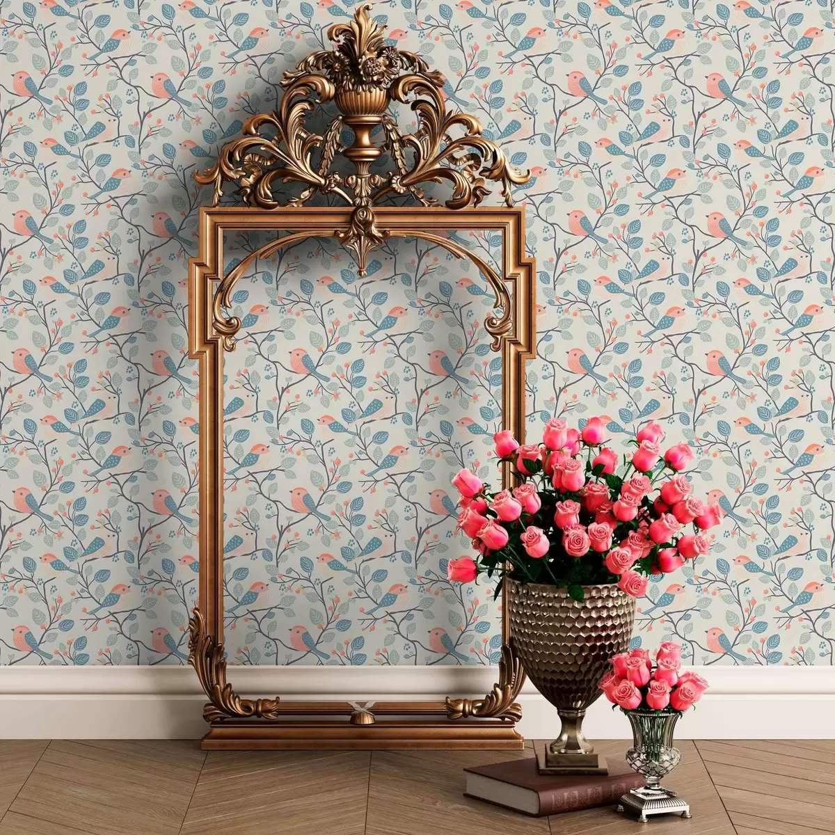 Tapety Pasteloví ptáci a větvičky na světlém pozadí a00128