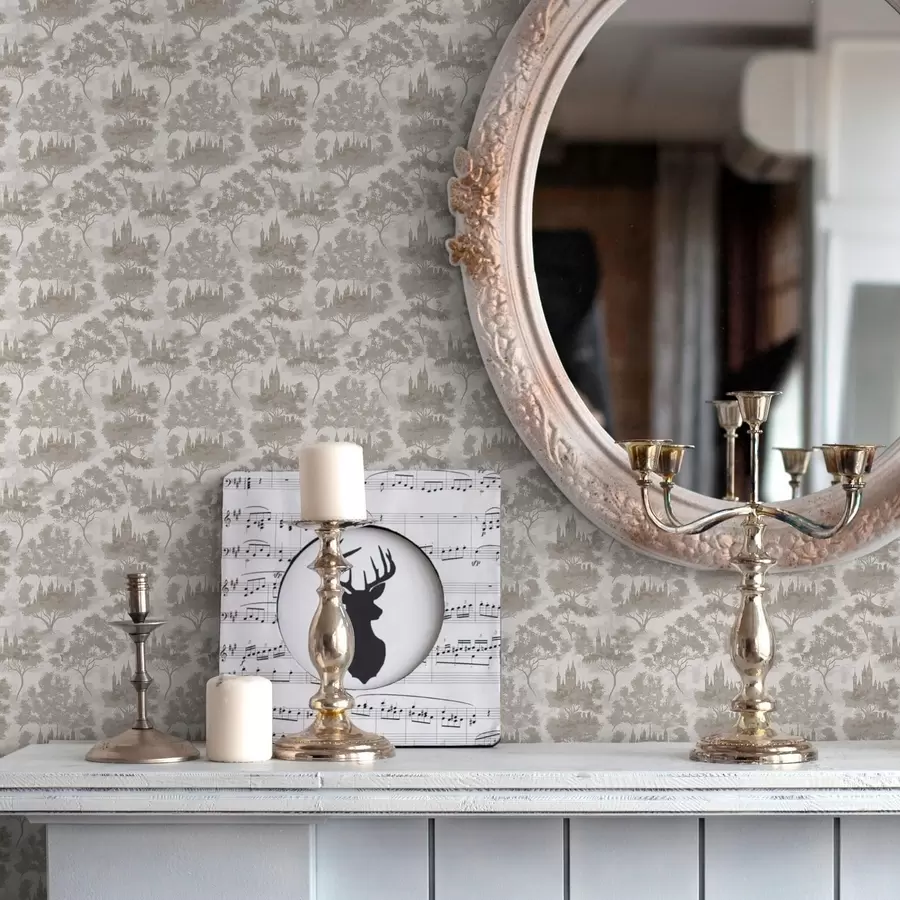 Fototapet Hrad v lese v šedobéžovém stylu a00130