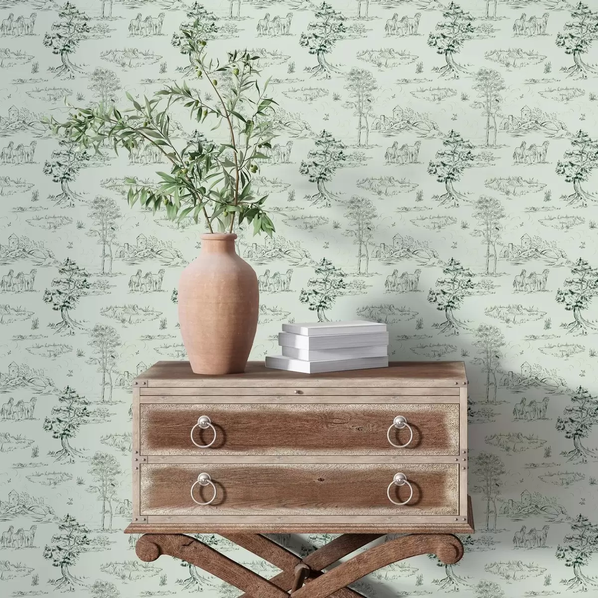 Tapety Scéna s koňmi, stromy a hradem na zeleném pozadí a00133v1