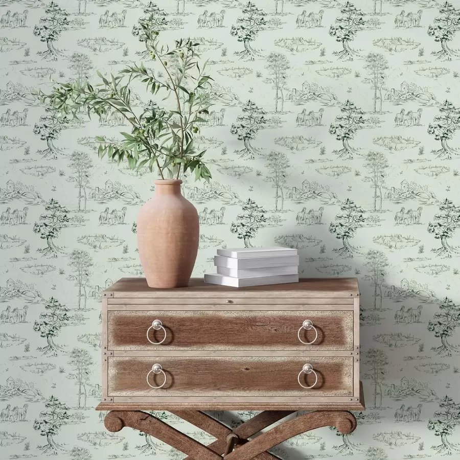 Fototapet Scéna s koňmi, stromy a hradem na zeleném pozadí a00133v1