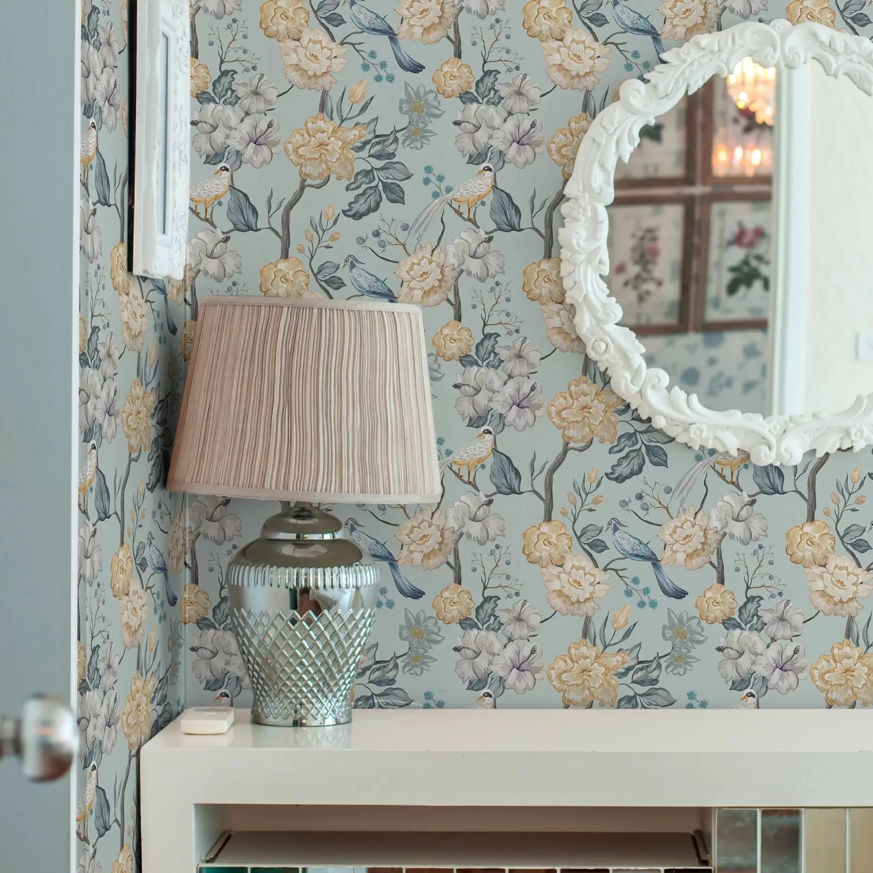 Fototapet Květiny a ptáci na modrém pozadí a00134