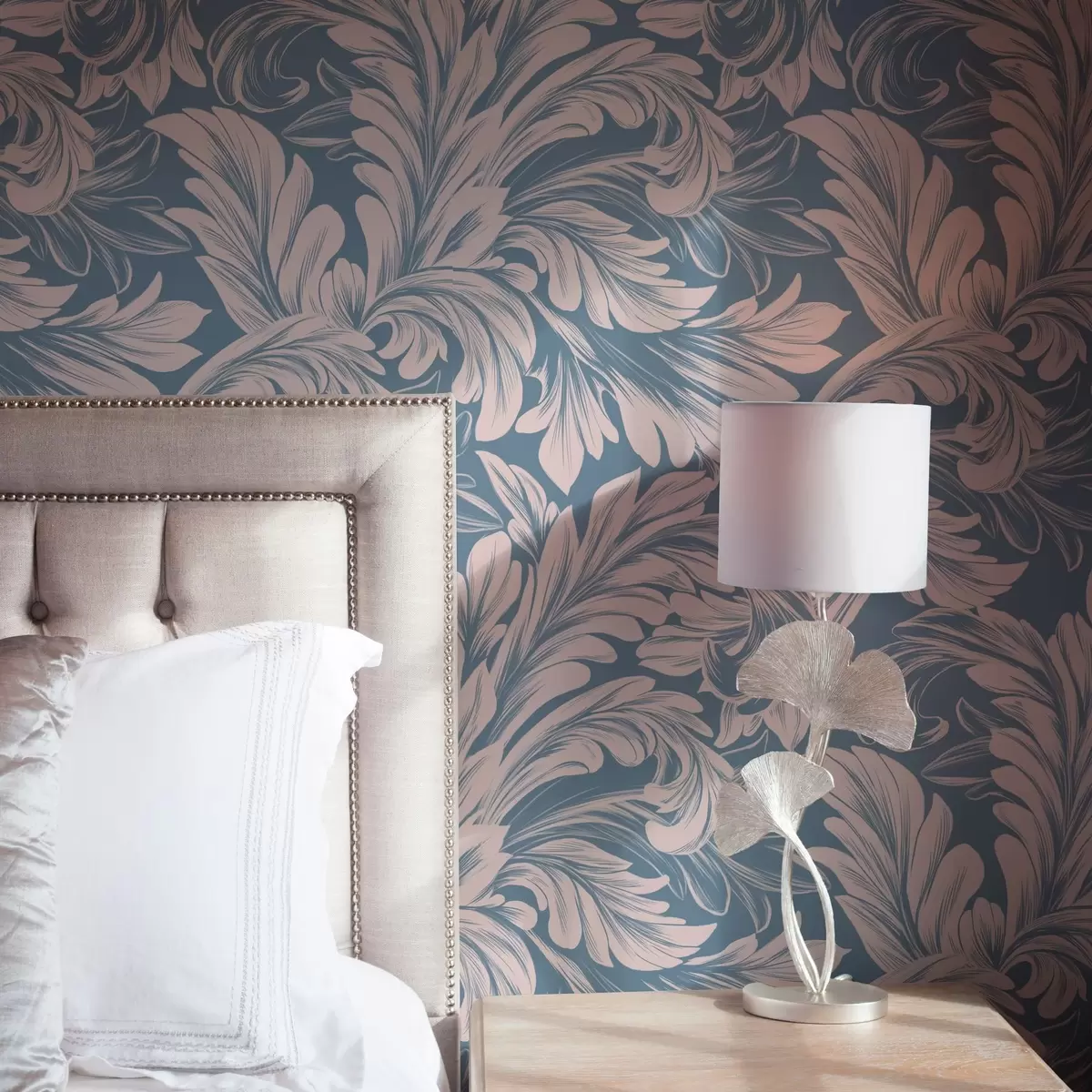 Tapety Rostlinné kadeře v krémových tónech na modrém a šedém pozadí a00135v2