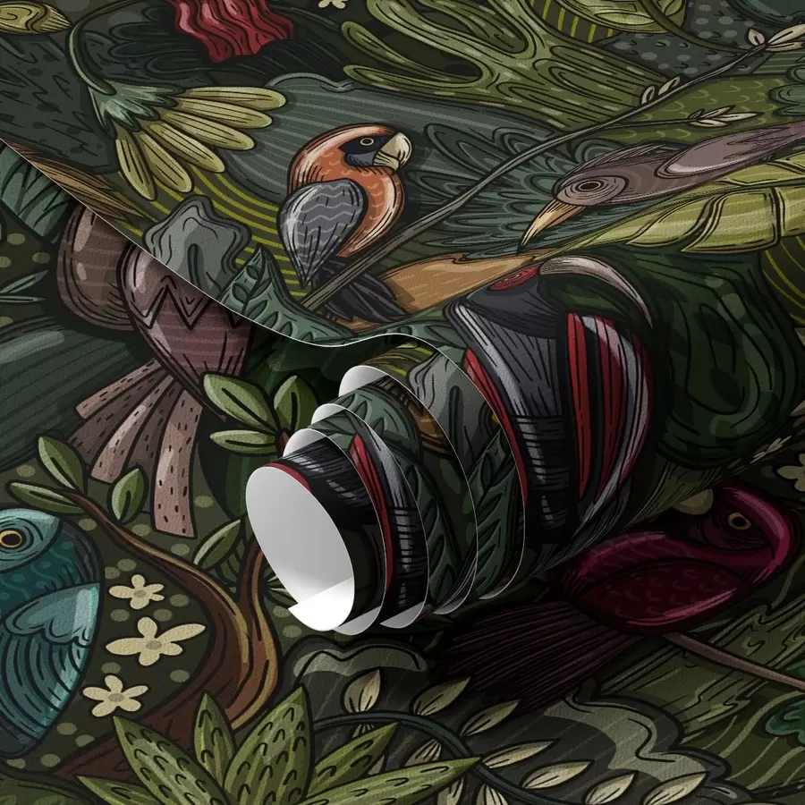 Fototapet Exotičtí ptáci v džungli ve stylu rytiny a00157