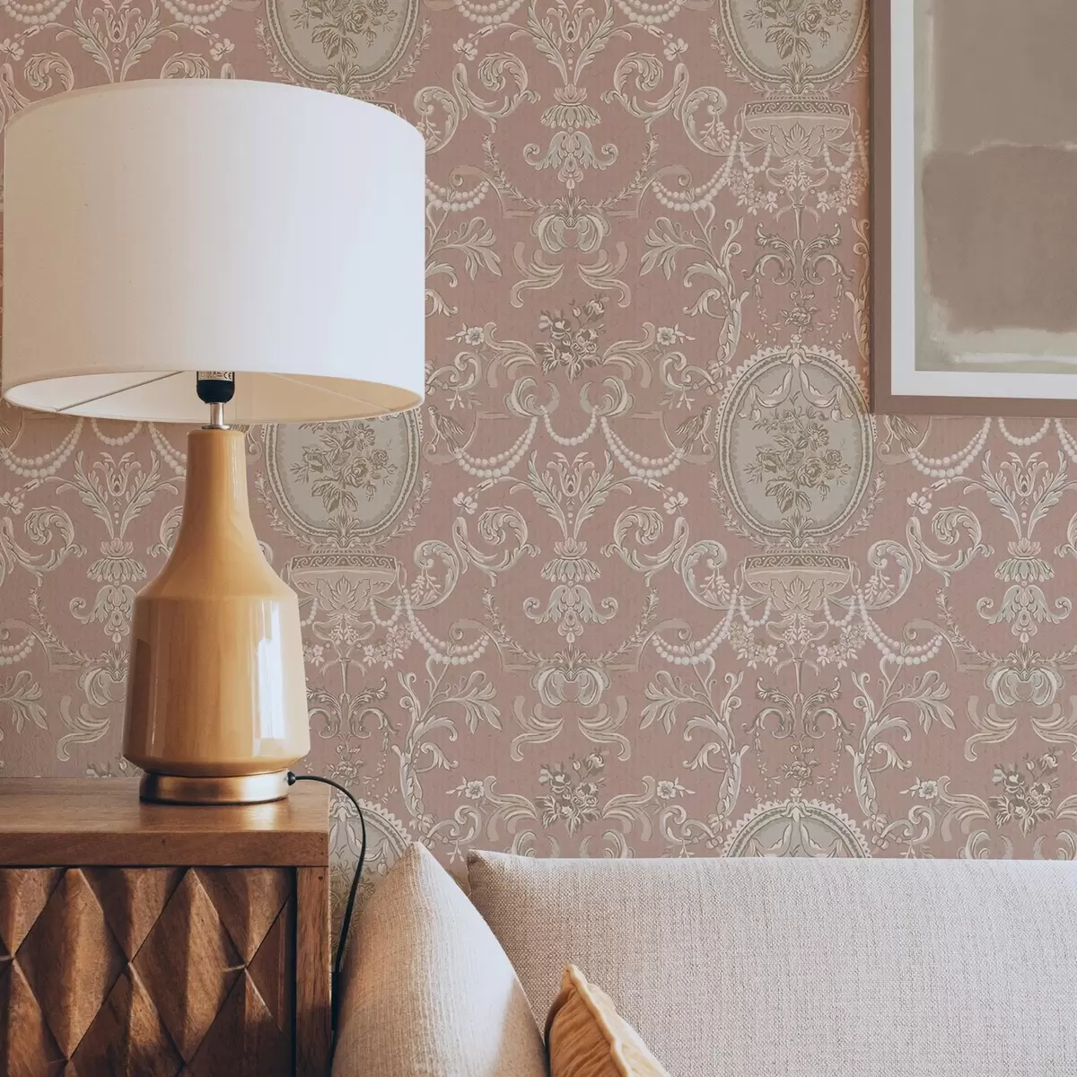 Tapety Barokní ornament s květinami na růžovém pozadí a00160