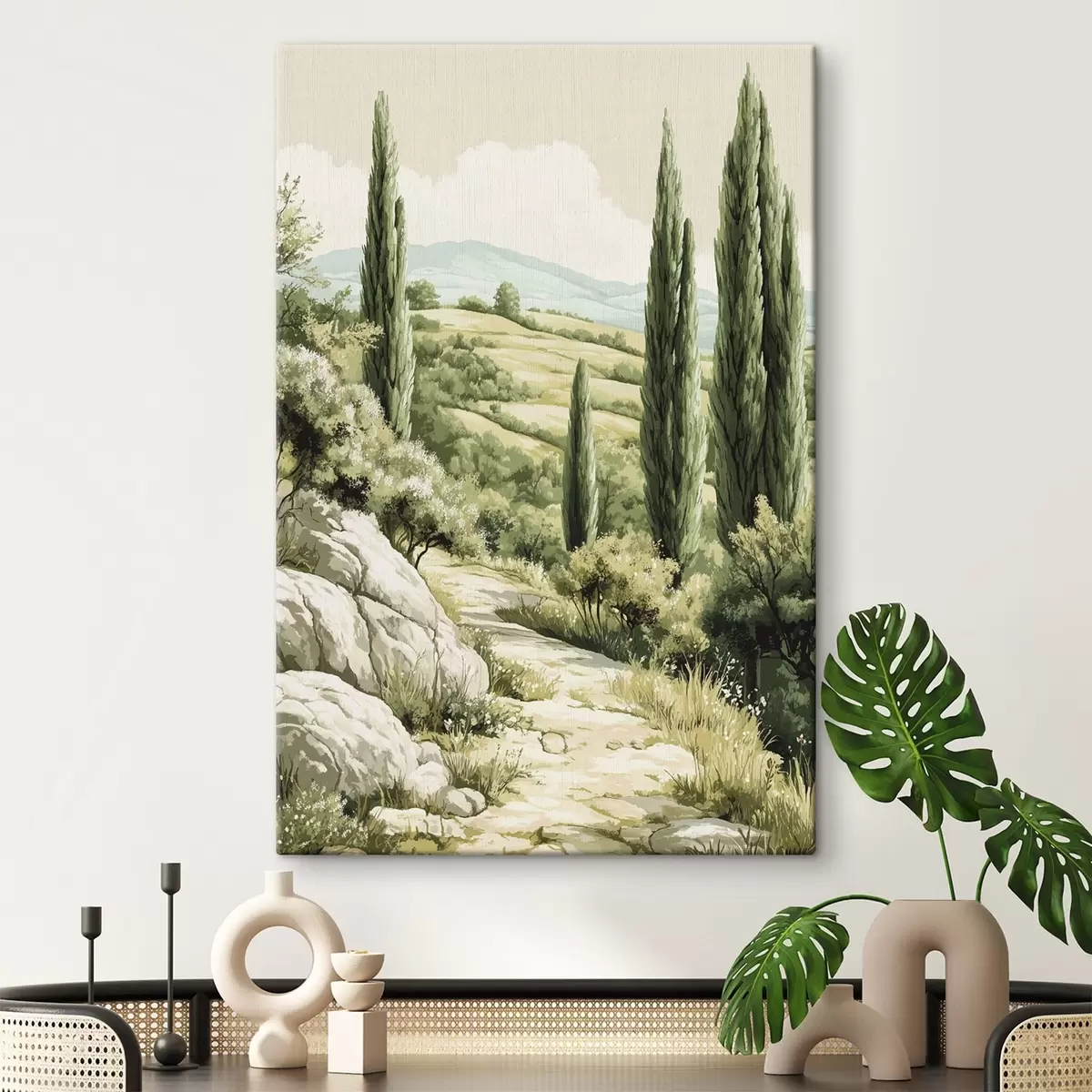 Obraz Letní krajina s cypřiši a zelenými kopci, rustikální styl Č. s44308