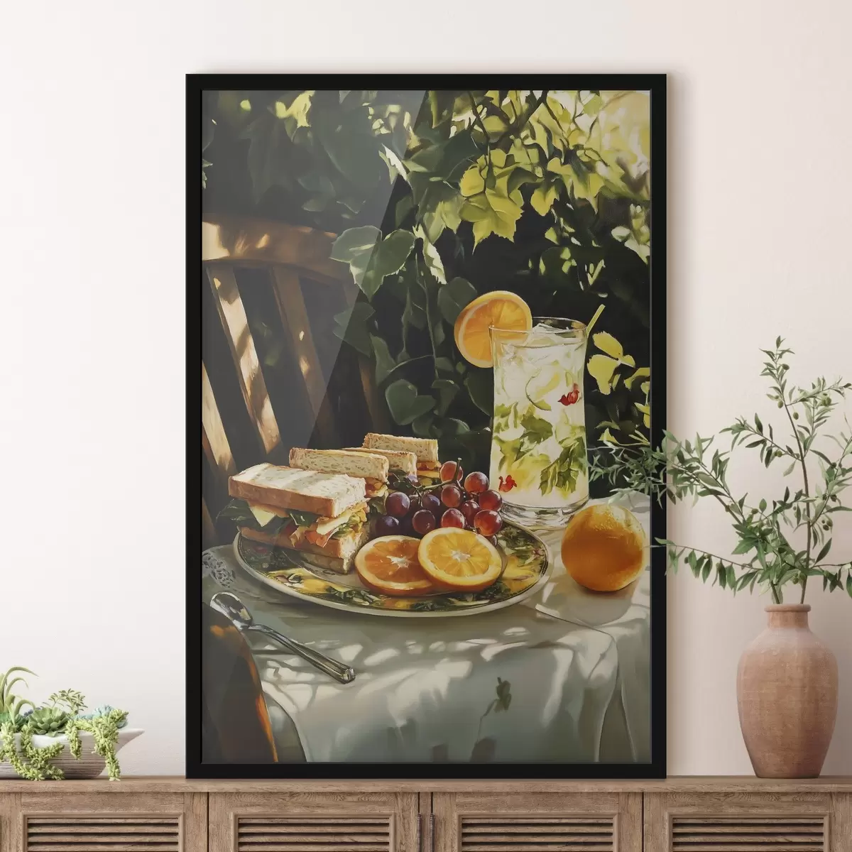 Poster Estetický piknik v letní zahradě, sendviče, pomeranče, limonáda f44306