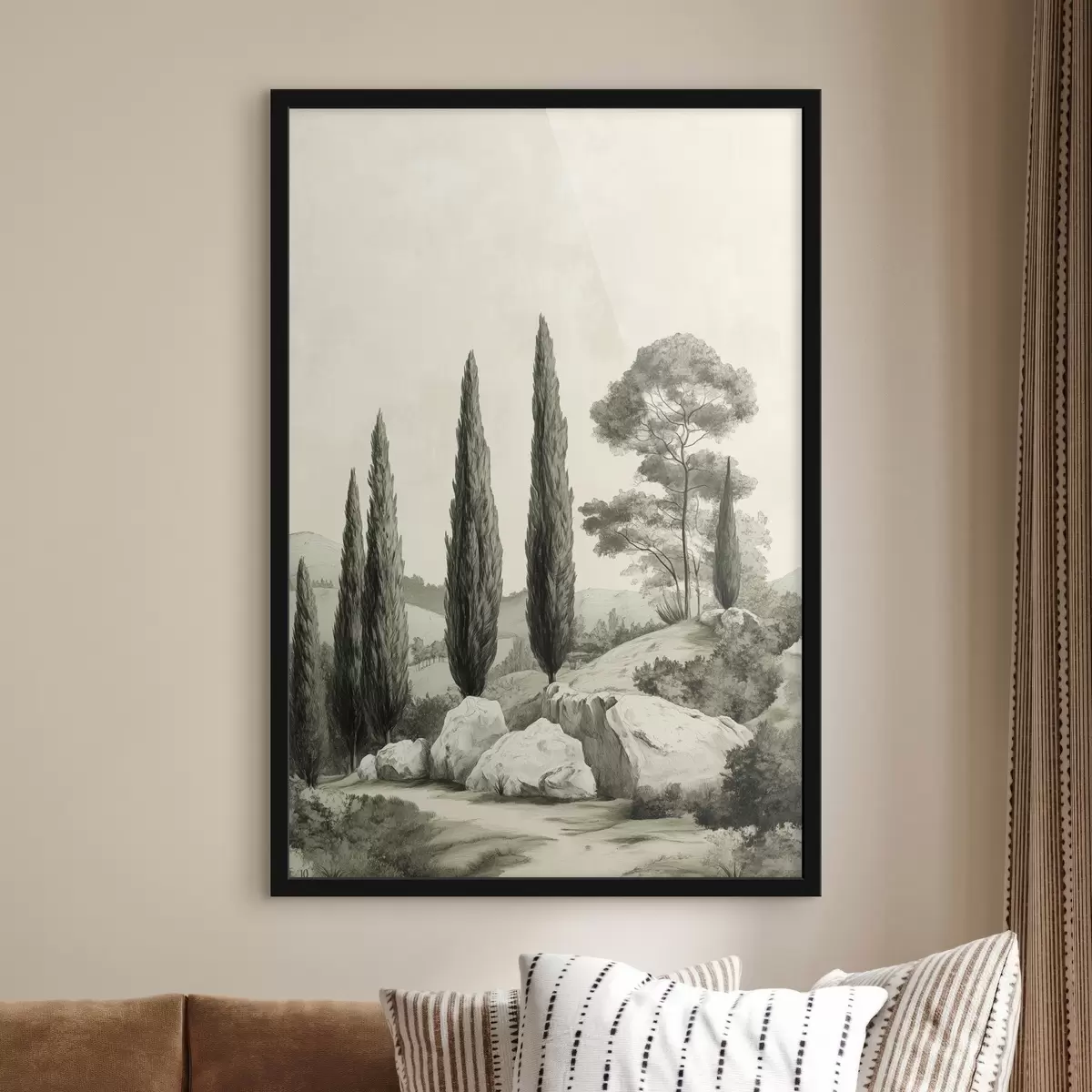 Poster Toskánská krajina, pastelové barvy, cypřiše, skály, rustikální styl f44307