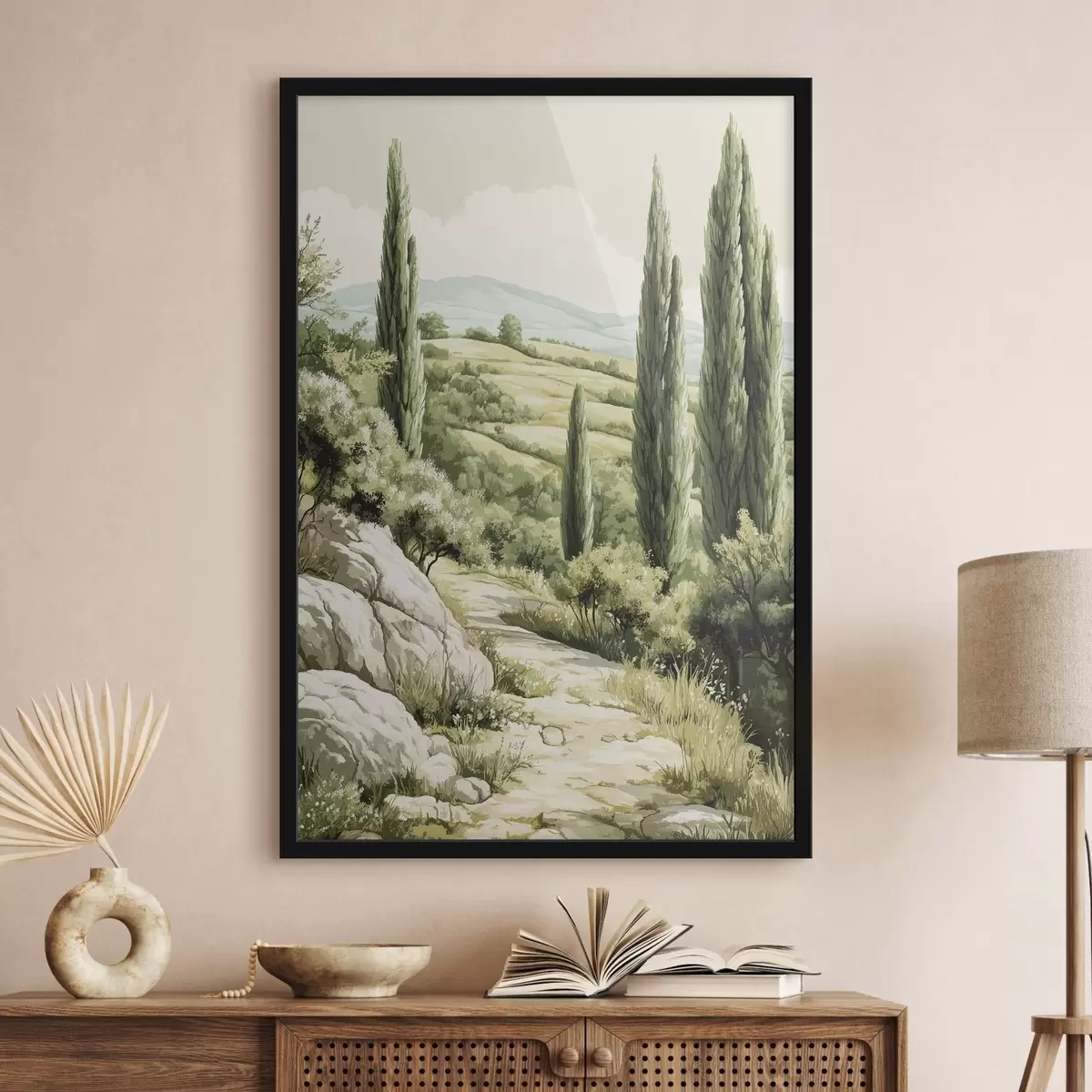 Poster Letní krajina s cypřiši a zelenými kopci, rustikální styl f44308