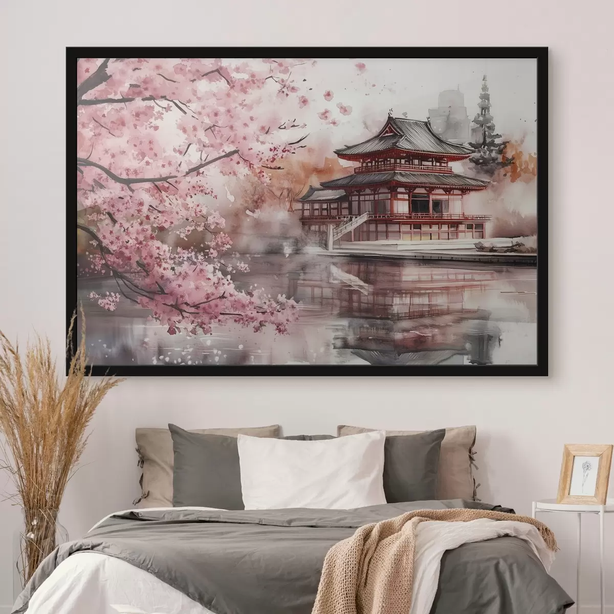Poster Krásná japonská krajina s kvetoucí třešní a domem na jezeře f44310