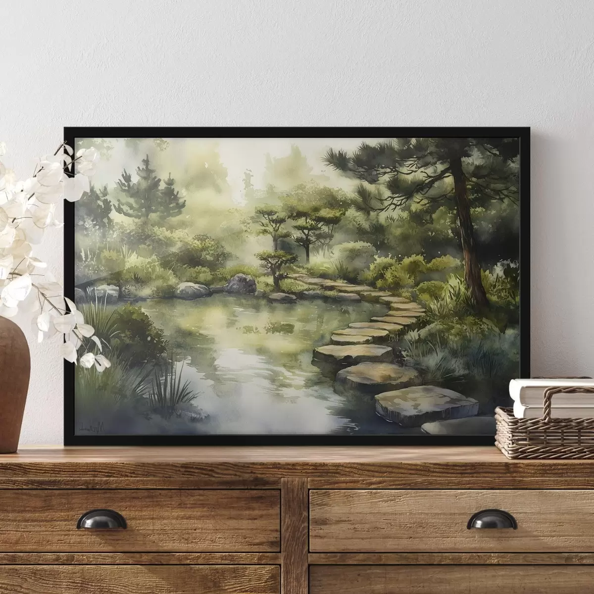 Poster Orientální les se skalami, rybníkem a borovicemi, zeleň, akvarelový styl f44311