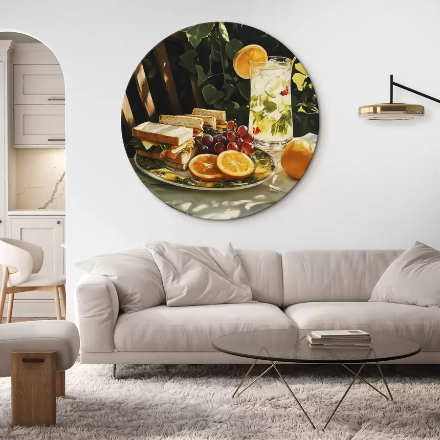 Obraz Estetický piknik v letní zahradě, sendviče, pomeranče, limonáda Č. r44306