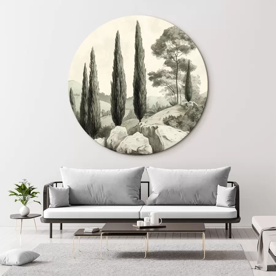 Obraz Toskánská krajina, pastelové barvy, cypřiše, skály, rustikální styl Č. r44307