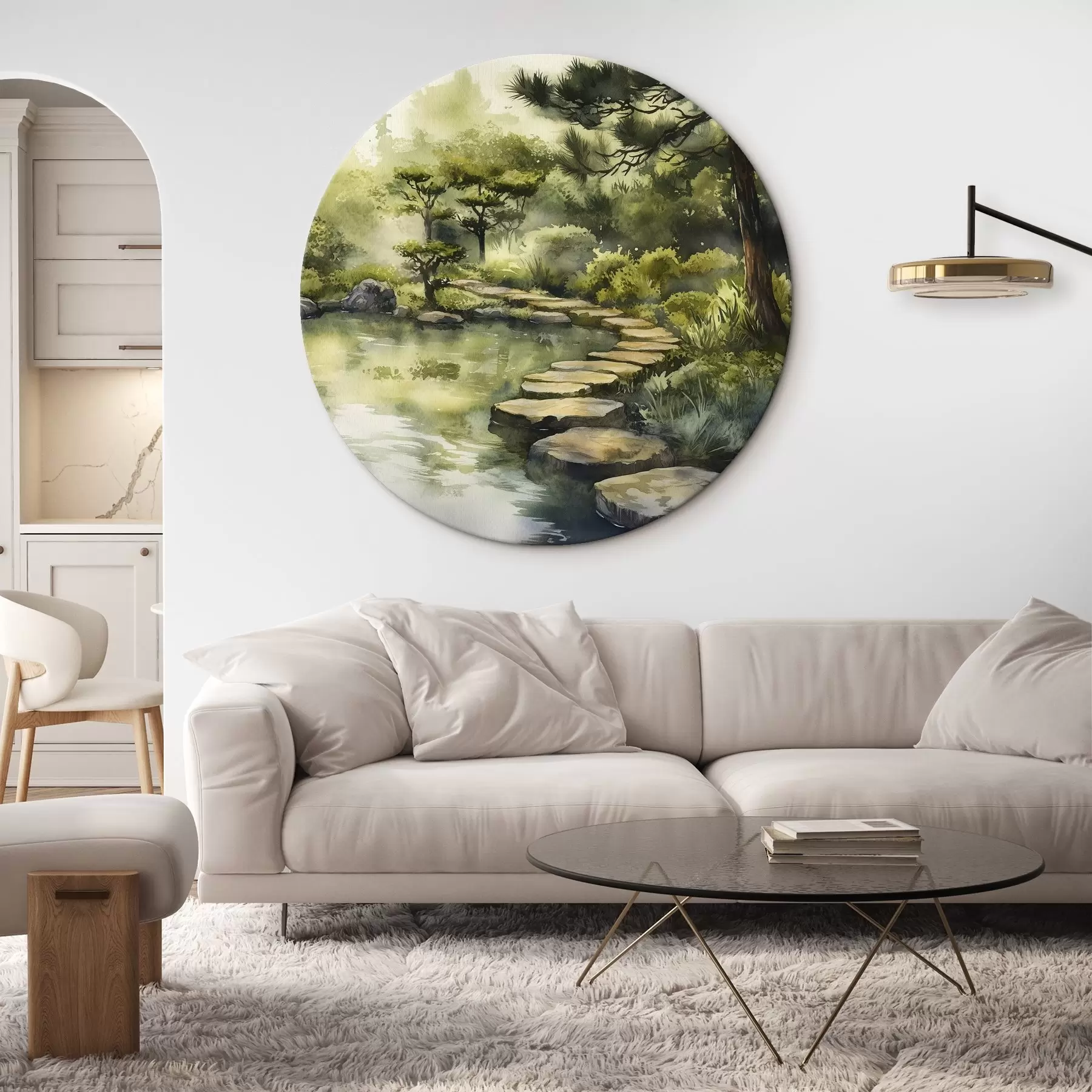 Obraz Orientální les se skalami, rybníkem a borovicemi, zeleň, akvarelový styl Č. r44311