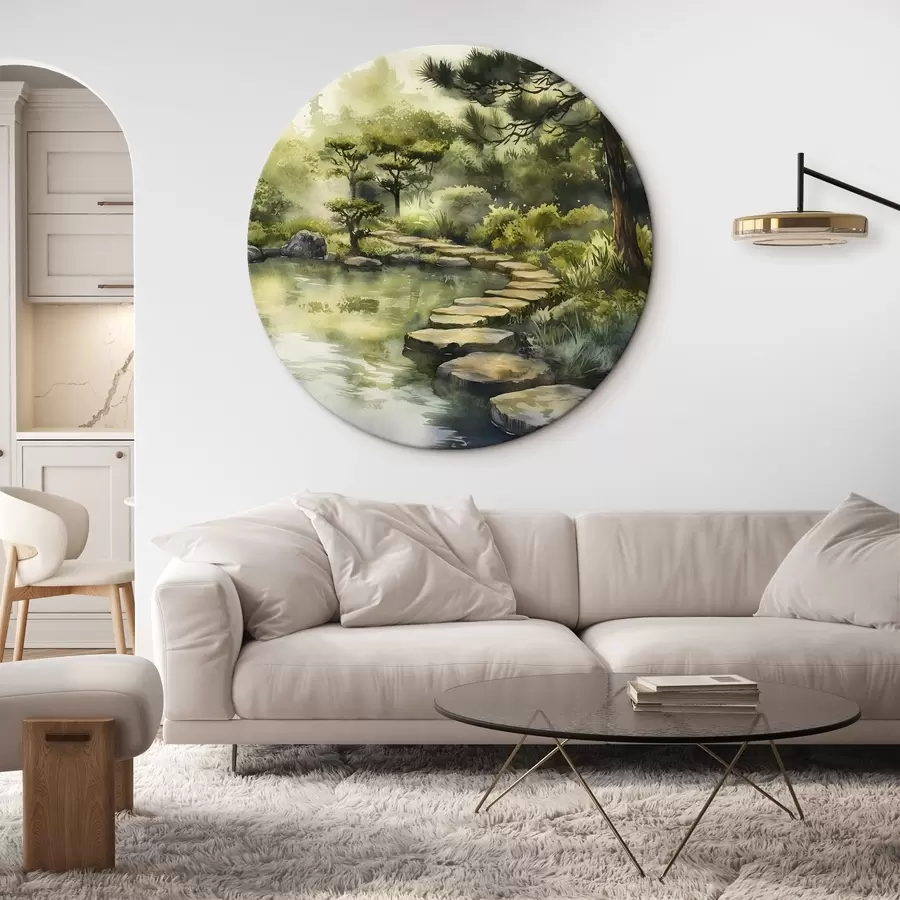 Obraz Orientální les se skalami, rybníkem a borovicemi, zeleň, akvarelový styl Č. r44311