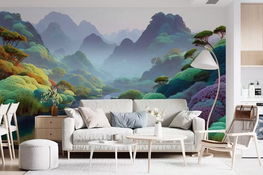 Fototapet Horská krajina s řekou v modrých tónech se stromy a keři w09088