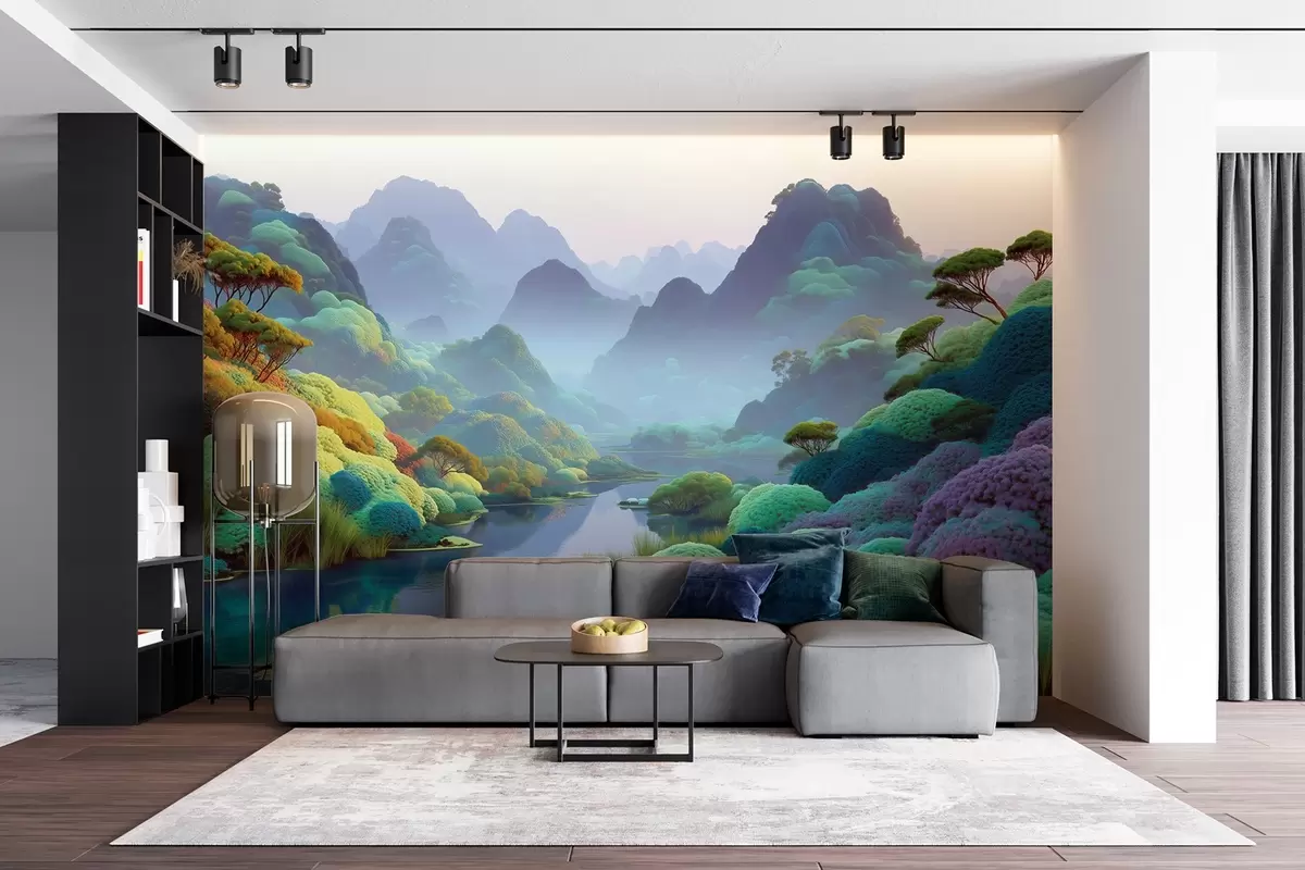 Fototapet Horská krajina s řekou v modrých tónech se stromy a keři w09088