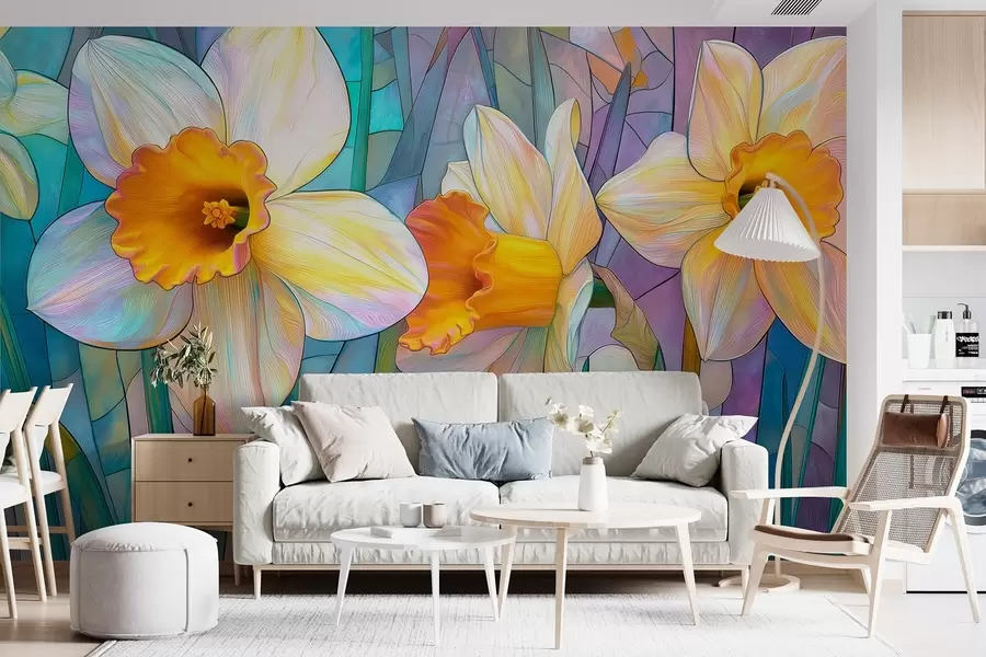 Fototapet Barevné narcisy na modrofialovém pozadí z barevného skla w09092