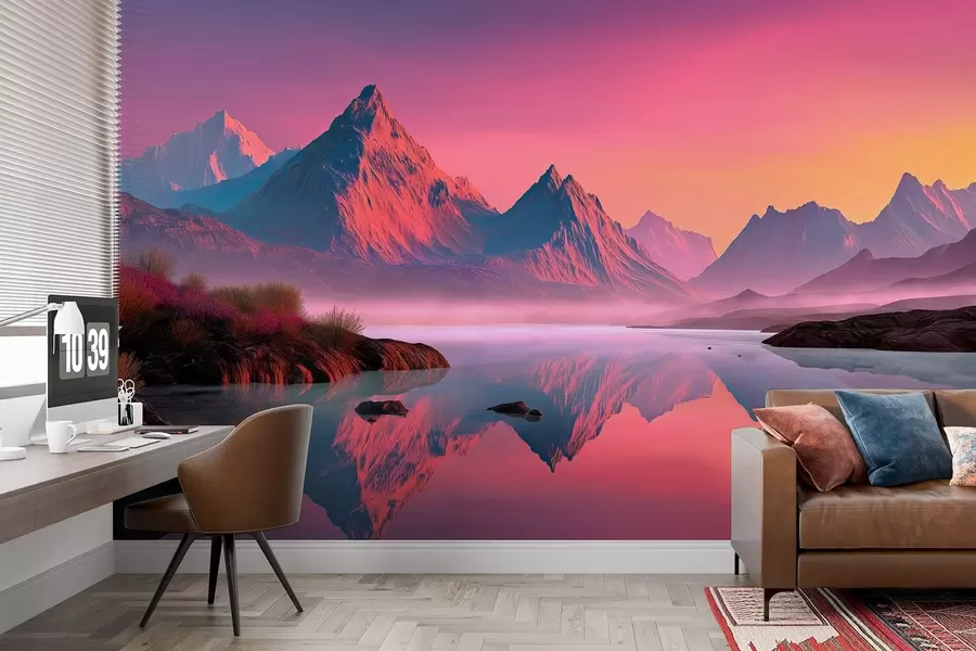 Fototapet Romantická krajina při západu slunce s řekou a horami v růžových odstínech w09093