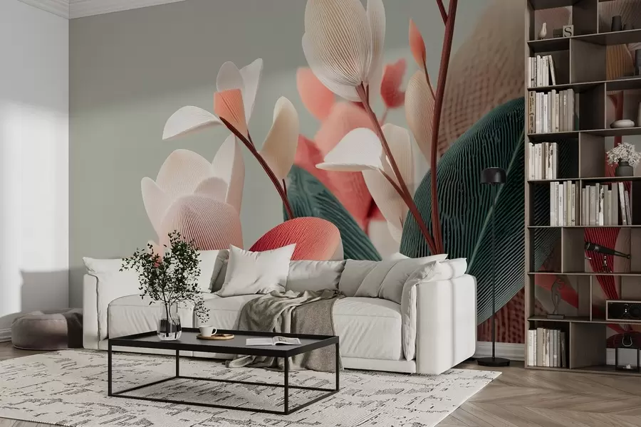 Fototapet Texturované květy a listy v pastelových a zelených tónech w09094