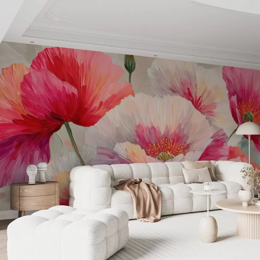 Obraz Bílé a červené máky ve stylu olejomalby s odvážnými tahy štětce Č. w09097