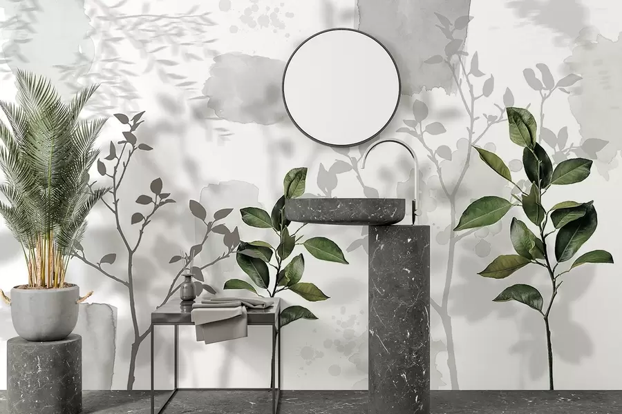 Fototapet Listy citronovníku, stíny větví stromů, příroda, akvarel, zelený w03910v1