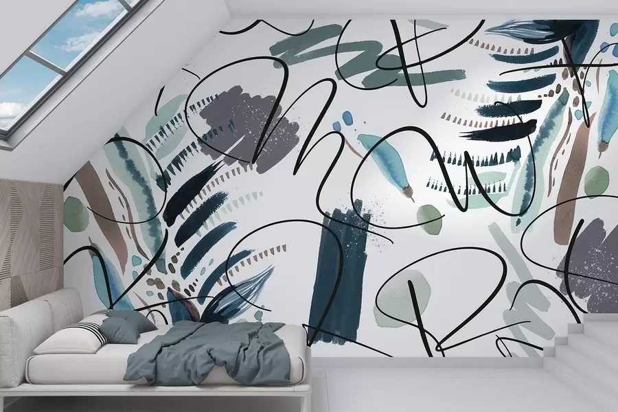 Fototapet Inkoustová písmena, kaligrafie, tahy štětcem, modré barvy, abstrakce w03912v2