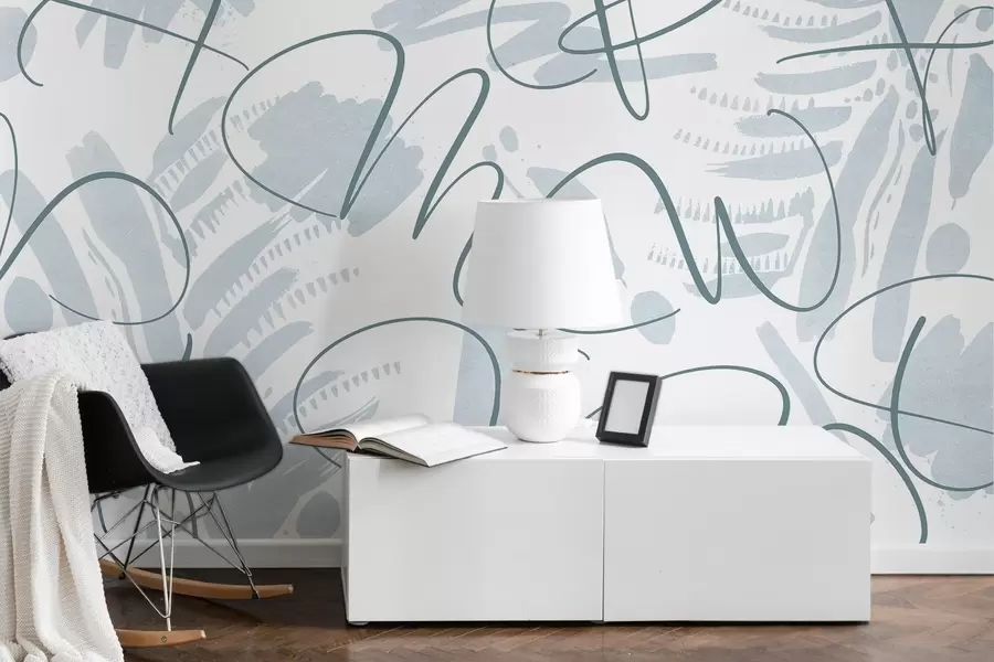 Fototapet Kaligrafická abstrakce s písmeny, tahy štětcem, modrá barva w03913v1