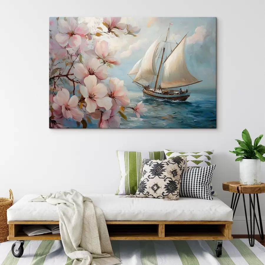 Obraz Loď na moři a velké květiny Č. s44330