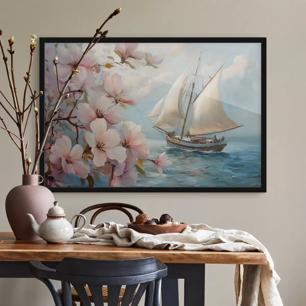 Poster Loď na moři a velké květiny f44330