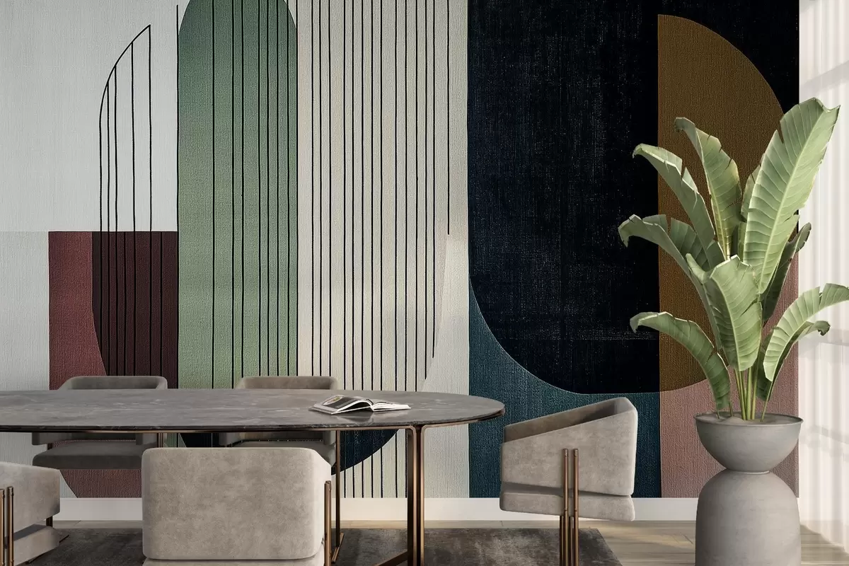 Fototapet moderní abstraktní geometrická kompozice s překrývajícími se tvary a svislými liniemi, tenké linie vyplňující lichoběžníky a ovály, měkké textilní textury, teplé tlumené tóny jako olivově zelená, šedá, béžová a dřevěné uhlí, jemné efekty průhlednosti mezi tvary w03937