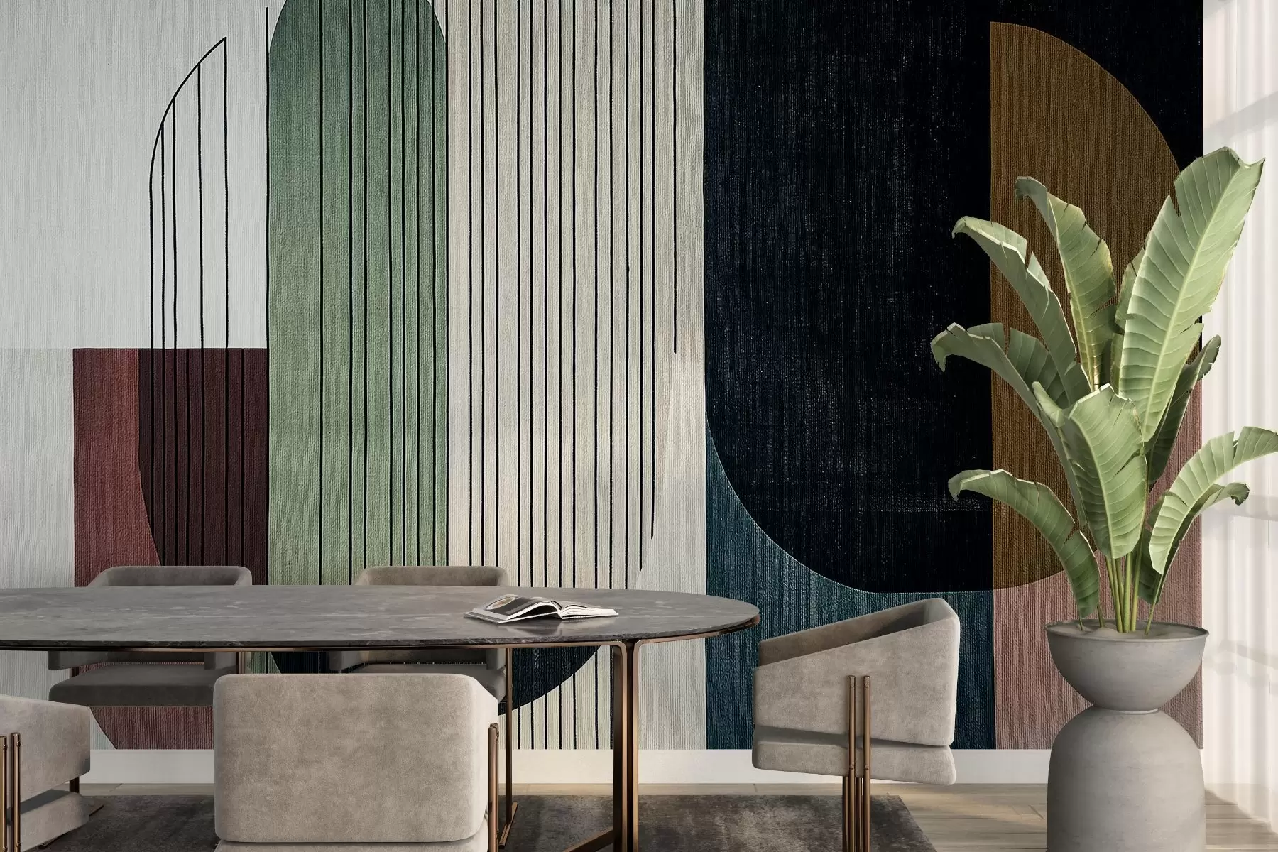 Fototapet moderní abstraktní geometrická kompozice s překrývajícími se tvary a svislými liniemi, tenké linie vyplňující lichoběžníky a ovály, měkké textilní textury, teplé tlumené tóny jako olivově zelená, šedá, béžová a dřevěné uhlí, jemné efekty průhlednosti mezi tvary w03937