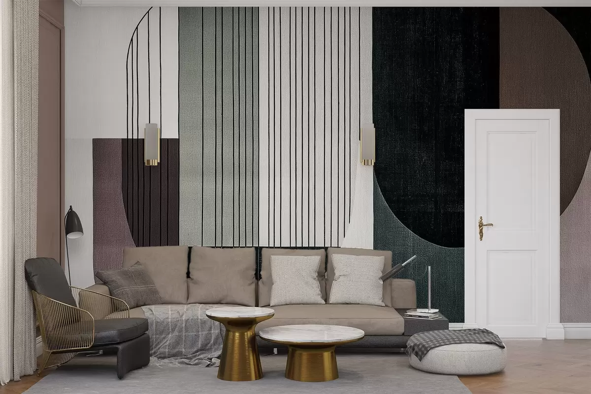 Fototapet moderní abstraktní geometrická kompozice s překrývajícími se tvary a svislými liniemi, tenké linie vyplňující lichoběžníky a ovály, měkké textilní textury, teplé tlumené tóny jako olivově zelená, šedá, béžová a dřevěné uhlí, jemné efekty průhlednosti mezi tvary w03937v1