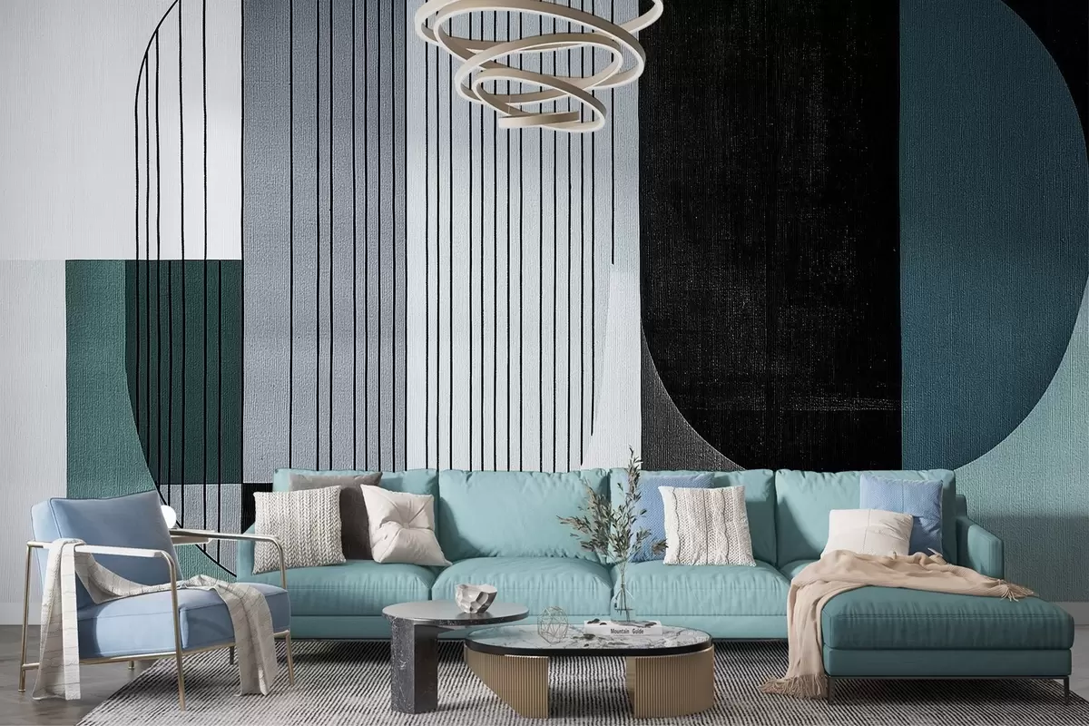 Fototapet moderní abstraktní geometrická kompozice s překrývajícími se tvary a svislými liniemi, tenké linie vyplňující lichoběžníky a ovály, měkké textilní textury, teplé tlumené tóny jako olivově zelená, šedá, béžová a dřevěné uhlí, jemné efekty průhlednosti mezi tvary w03937v2