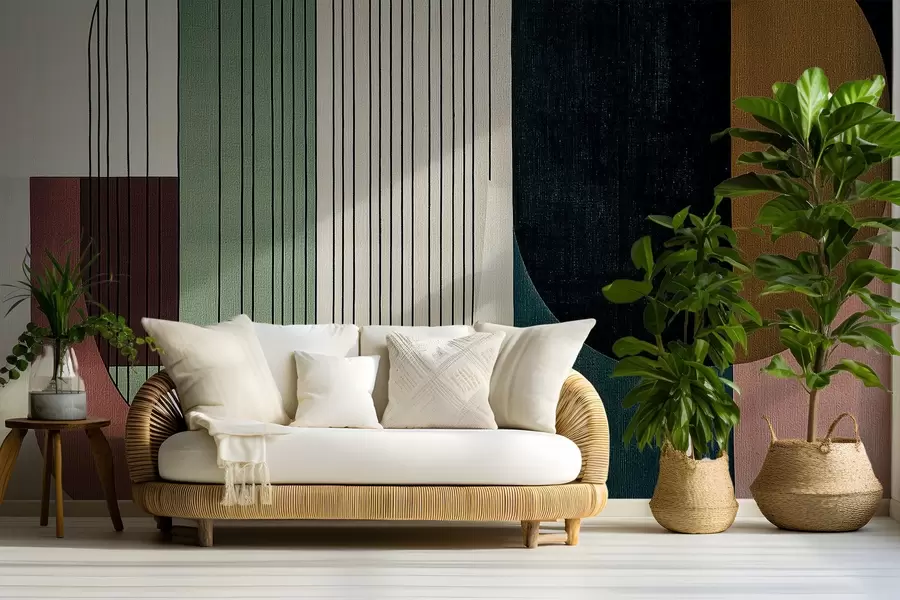 Fototapet moderní abstraktní geometrická kompozice s překrývajícími se tvary a svislými liniemi, tenké linie vyplňující lichoběžníky a ovály, měkké textilní textury, teplé tlumené tóny jako olivově zelená, šedá, béžová a dřevěné uhlí, jemné efekty průhlednosti mezi tvary w03937v3