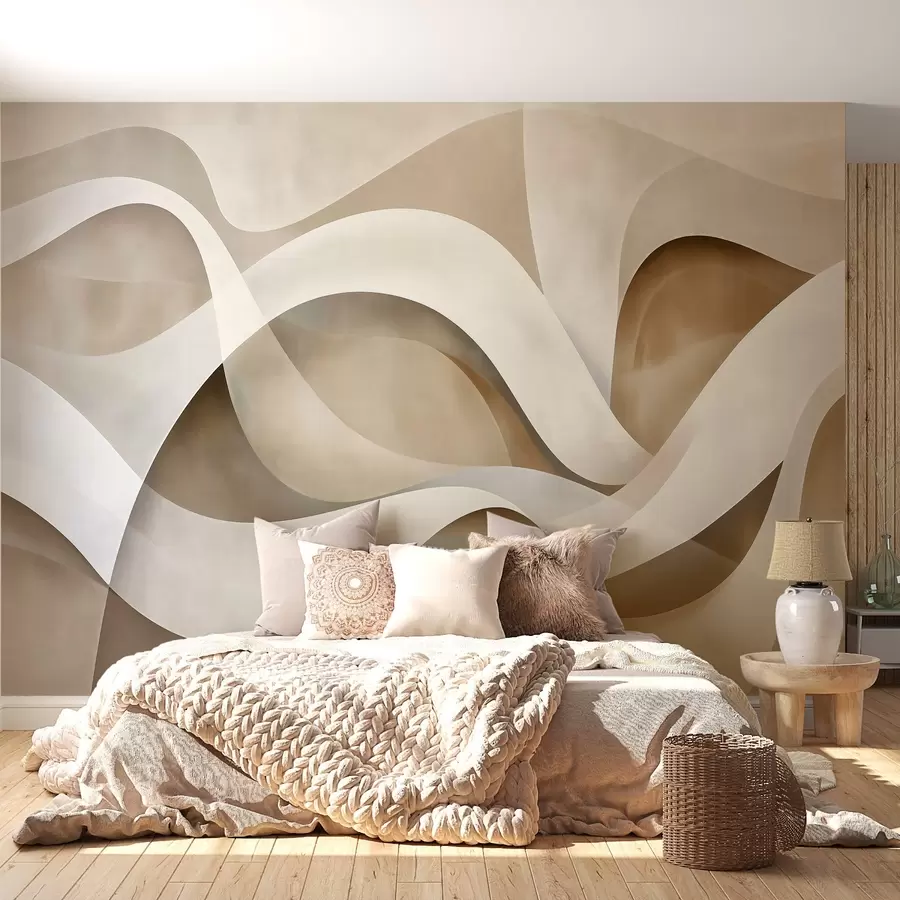 Fototapet abstraktní minimalistická kompozice vrstvených organických tvarů, z nichž každý je obkreslen jemným bílým okrajem, vyplněná hustými vnitřními lineárními tahy, jako je textura látky nebo papíru, plynulé křivky v neutrálních béžových, pískových, kamenných a slonovinových tónech, reliéfní vzhled w03940