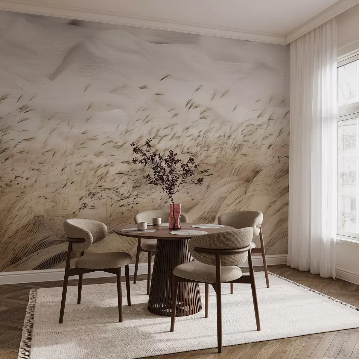 Fototapet abstraktní větrem rozfoukané travnaté pole v béžových a kamenných tónech, inkoustový náčrtek s texturovaným papírovým pozadím, severský venkovský klid w03941