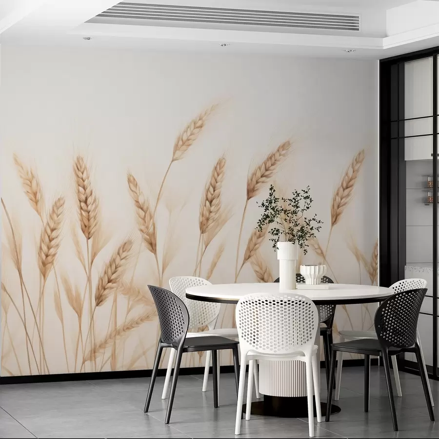 Fototapet jemná botanická ilustrace pšeničných stonků, ručně kreslený styl, jemné linky s pastelovou křídovou texturou, jemné sépiové a zemité hnědé tóny, bílé pozadí, symetrická elegantní kompozice, přirozená estetika náčrtu w03943