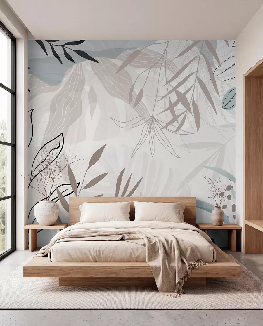 Fototapet Abstraktní květinový moderní design s pastelově béžovými, šedými, modrými a černými listy, jemnými čarami a měkkým pozadím  w09105
